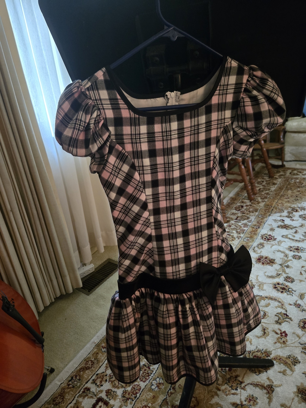 Bonnie Jean Pink and Black Plaid Puff-Sleeve Dress with Bow